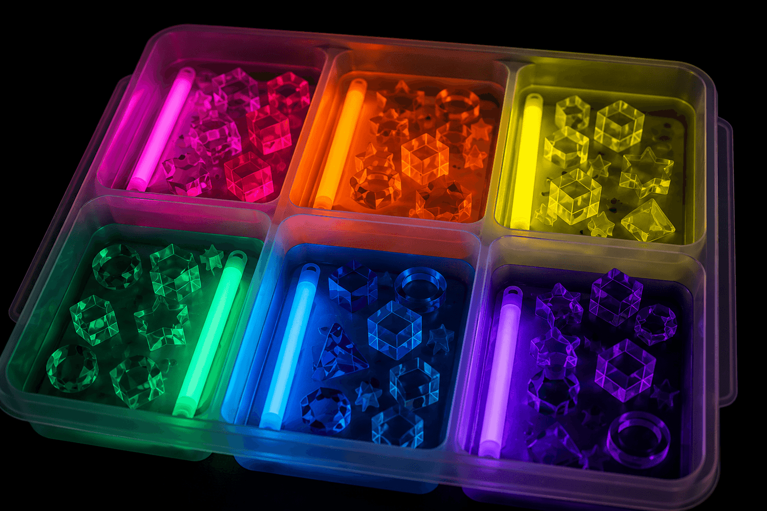 Colorful glow-in-the-dark rainbow acrylic blocks and glow sticks arranged in a divided tray.