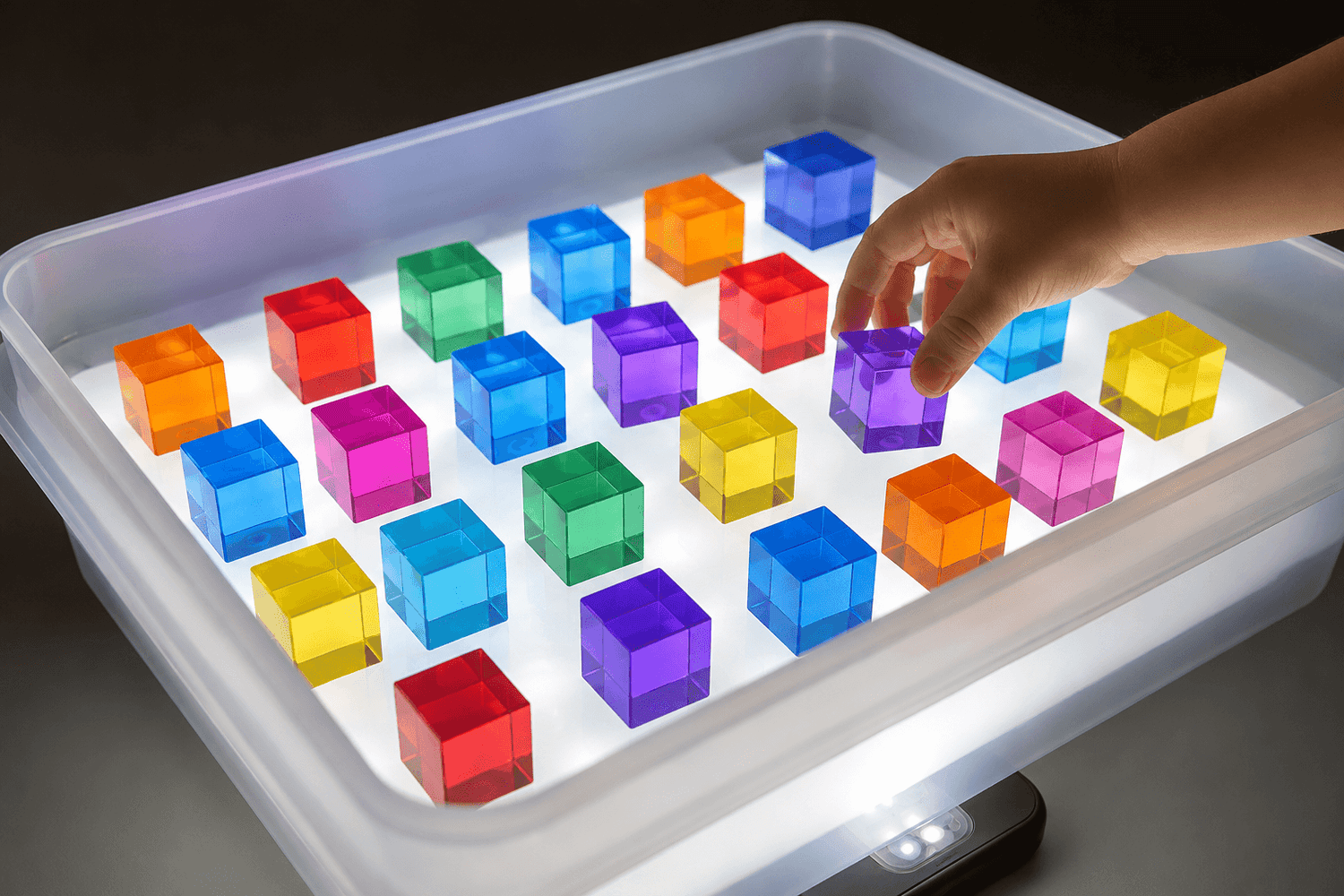Kids playing with colored blocks on a DIY light table for kids, enhancing their creativity and learning.