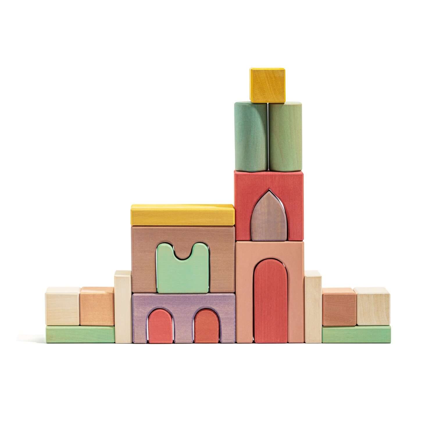 Karen Building Blocks wooden set with colorful arches, pillars and tunnels stacked into a modern building on white background