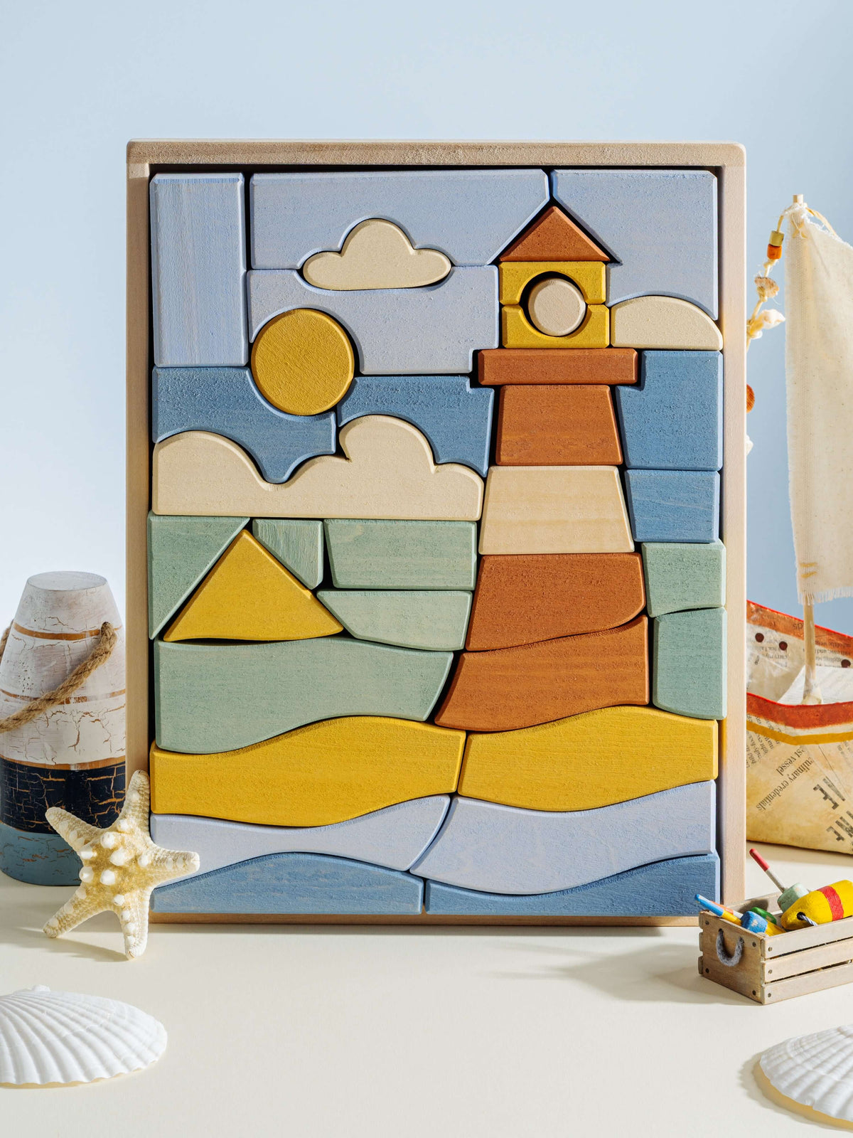 Colorful Byron Lighthouse Puzzle made of wood with ocean and lighthouse theme, perfect for play and display.