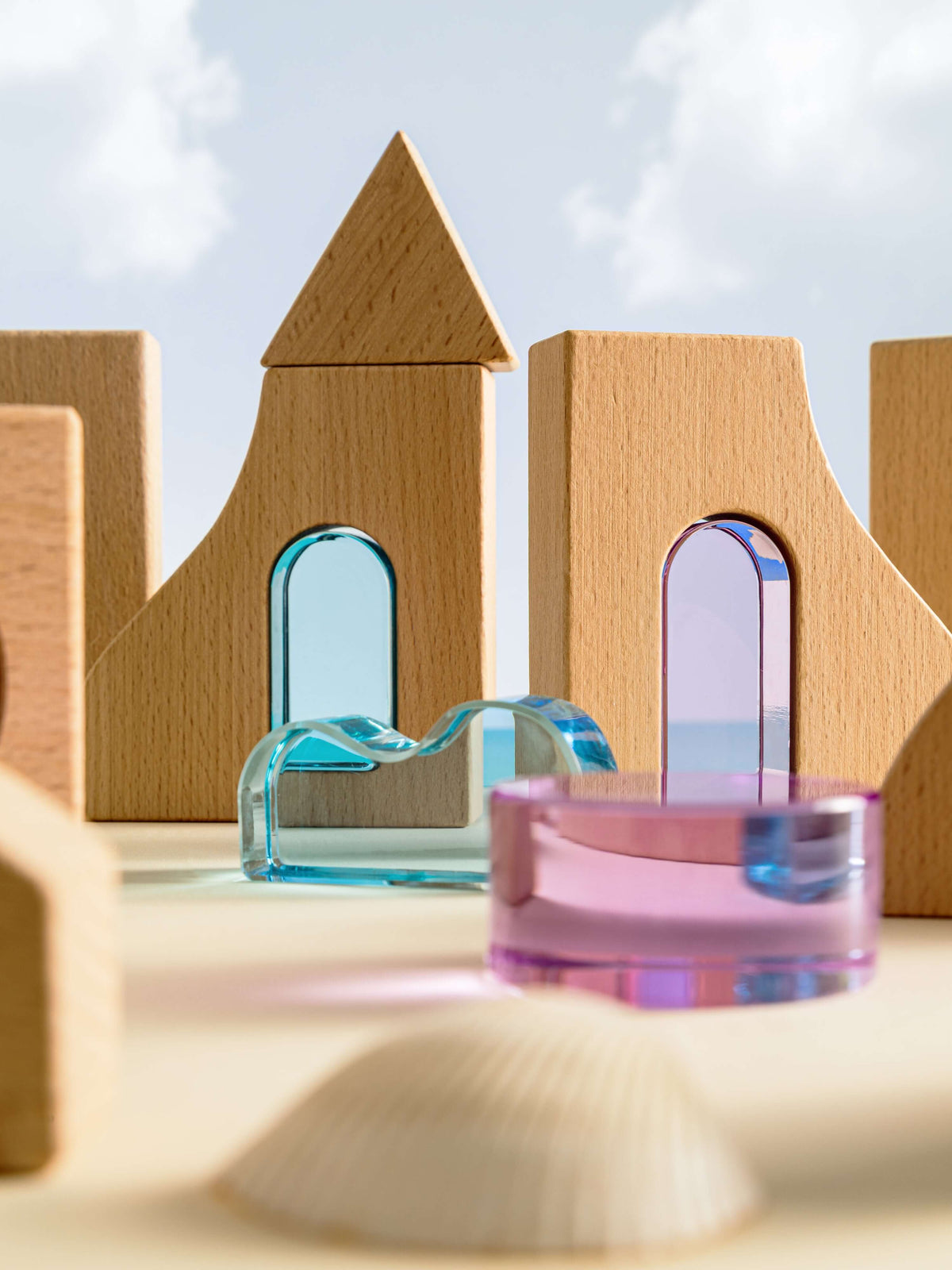 Laguna Block Set made from natural beechwood and colorful acrylic in a playful arrangement.