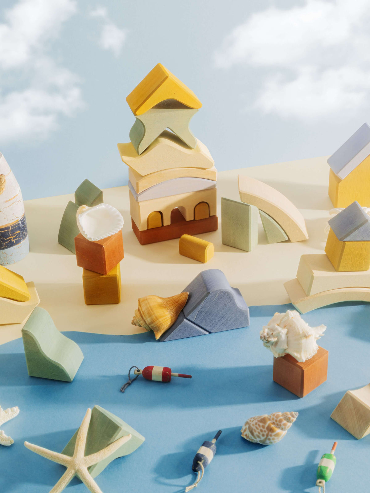 Malibu Puzzle showcasing colorful wooden blocks inspired by the California coastline, perfect for play and display.