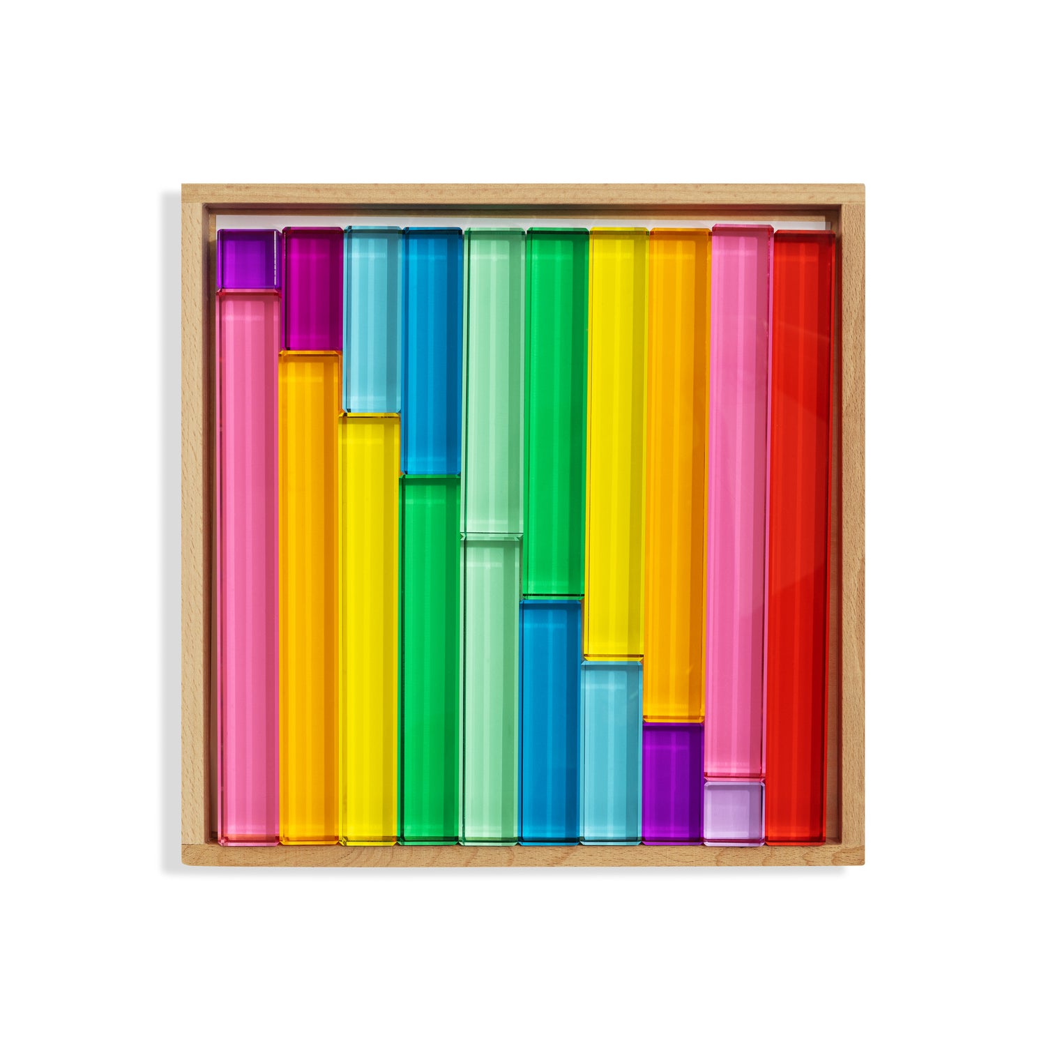 Colorful geometric shapes in a wooden frame on a white background