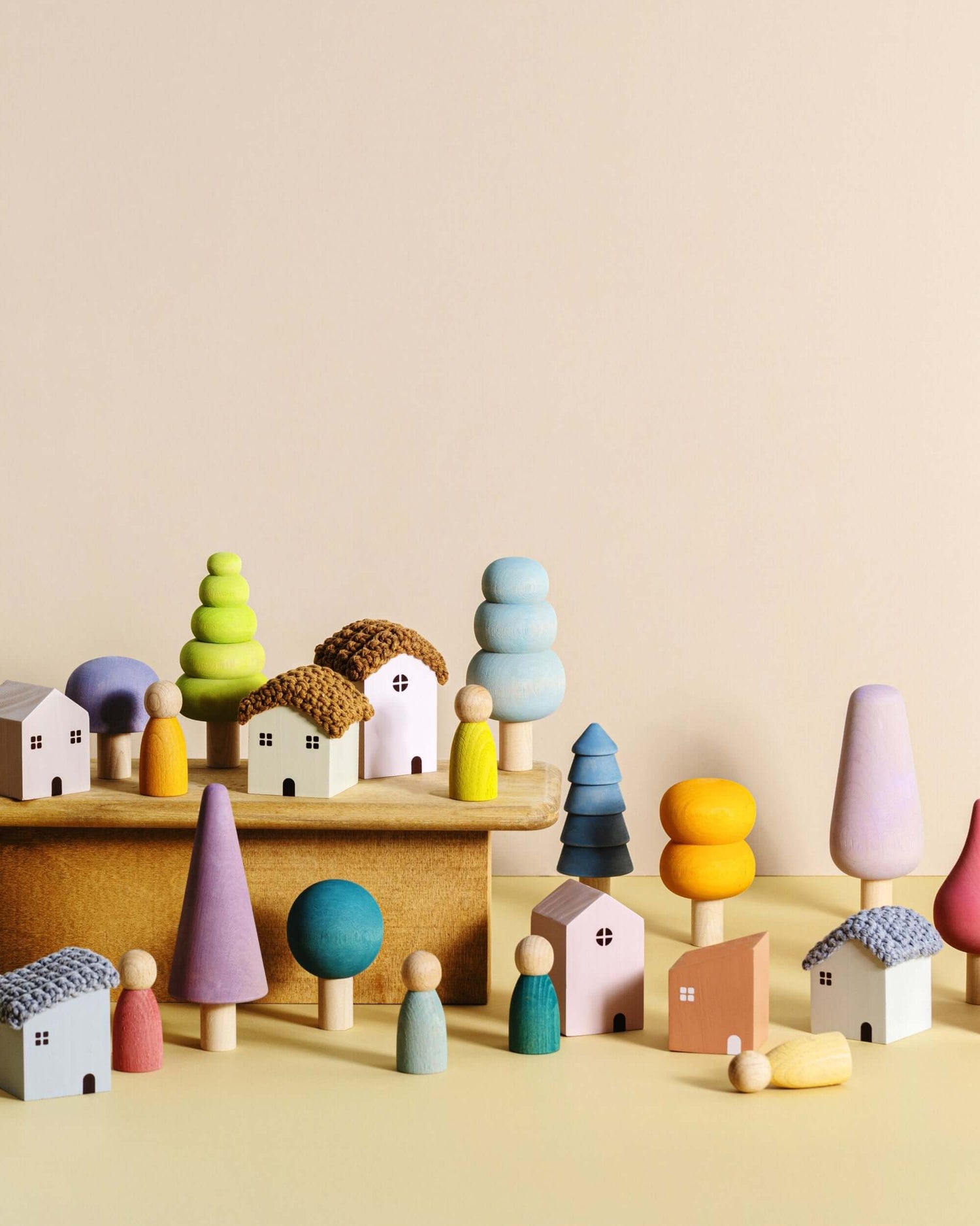 Bergen Building Blocks wooden city playset with pastel trees, adorable houses and wooden friends for imaginative play ages 3+