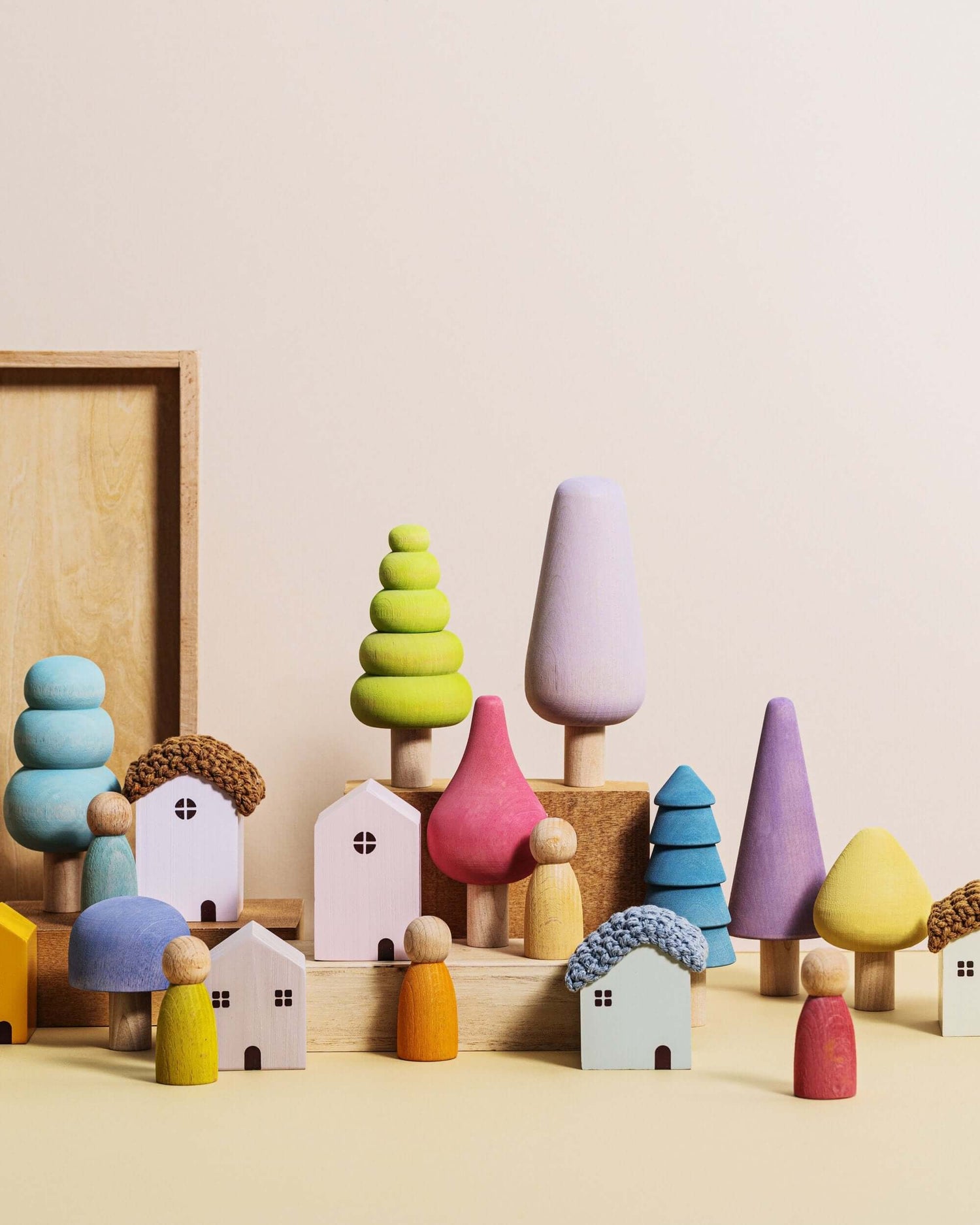 Bergen Building Blocks wooden city set with pastel trees, tiny houses and figures, fairytale building blocks toy for kids 3+