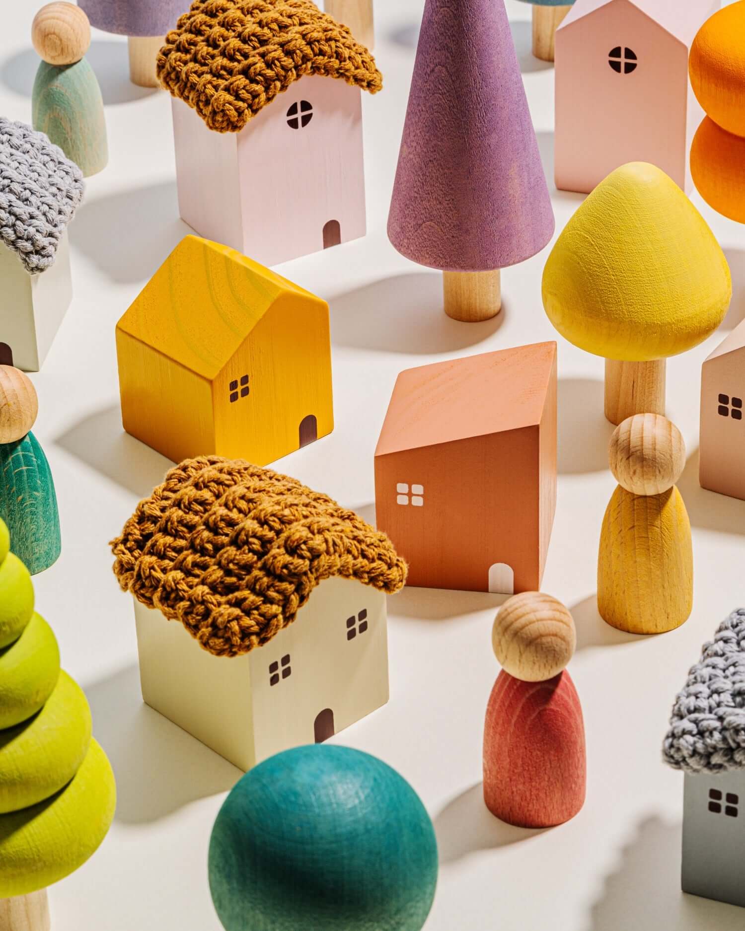 Bergen Building Blocks pastel wooden houses, trees and peg people toy set for kids age 3+ imaginative play
