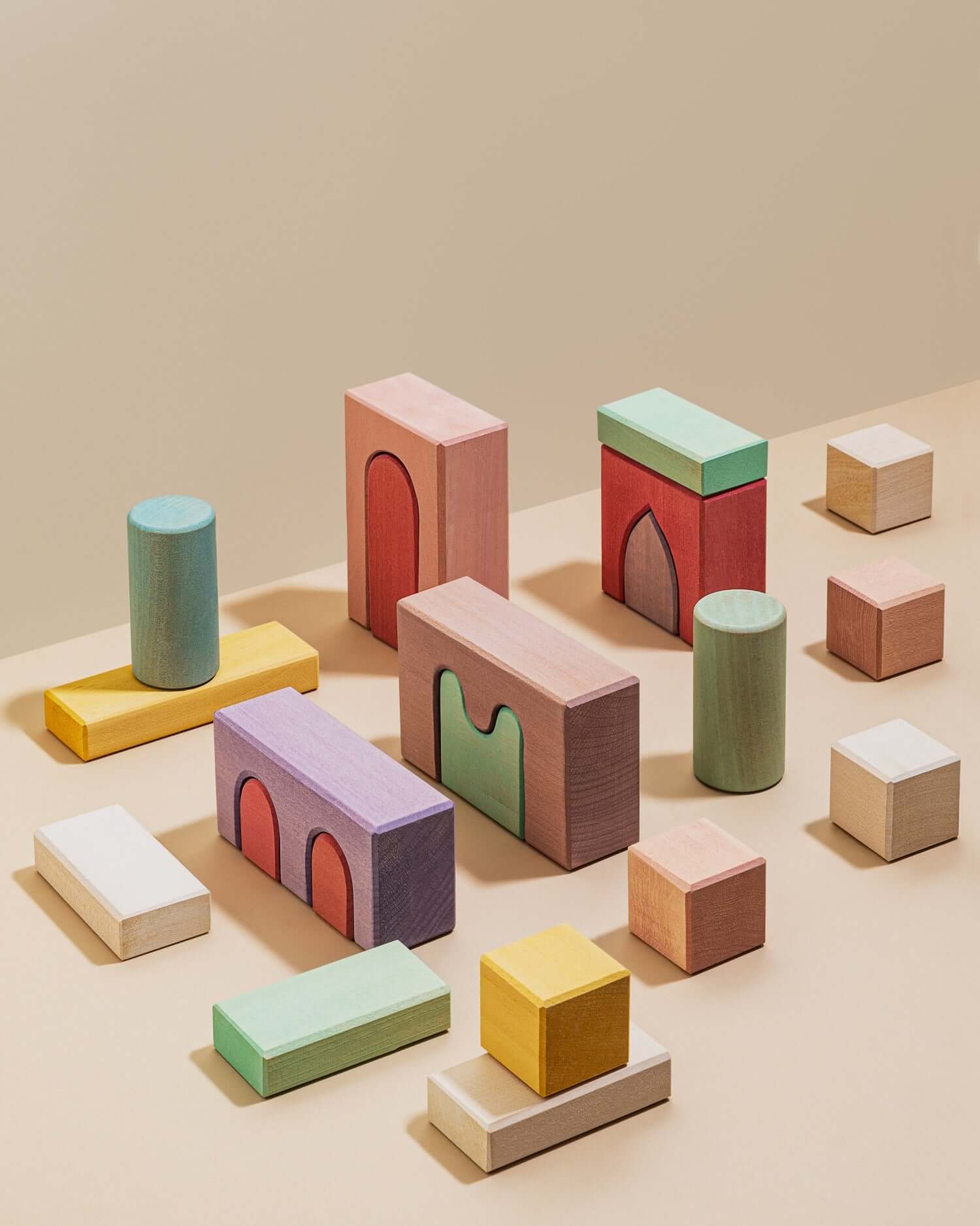 Karen Building Blocks modern wooden block set with colorful arches, walls, pillars and cubes for kids imaginative building play
