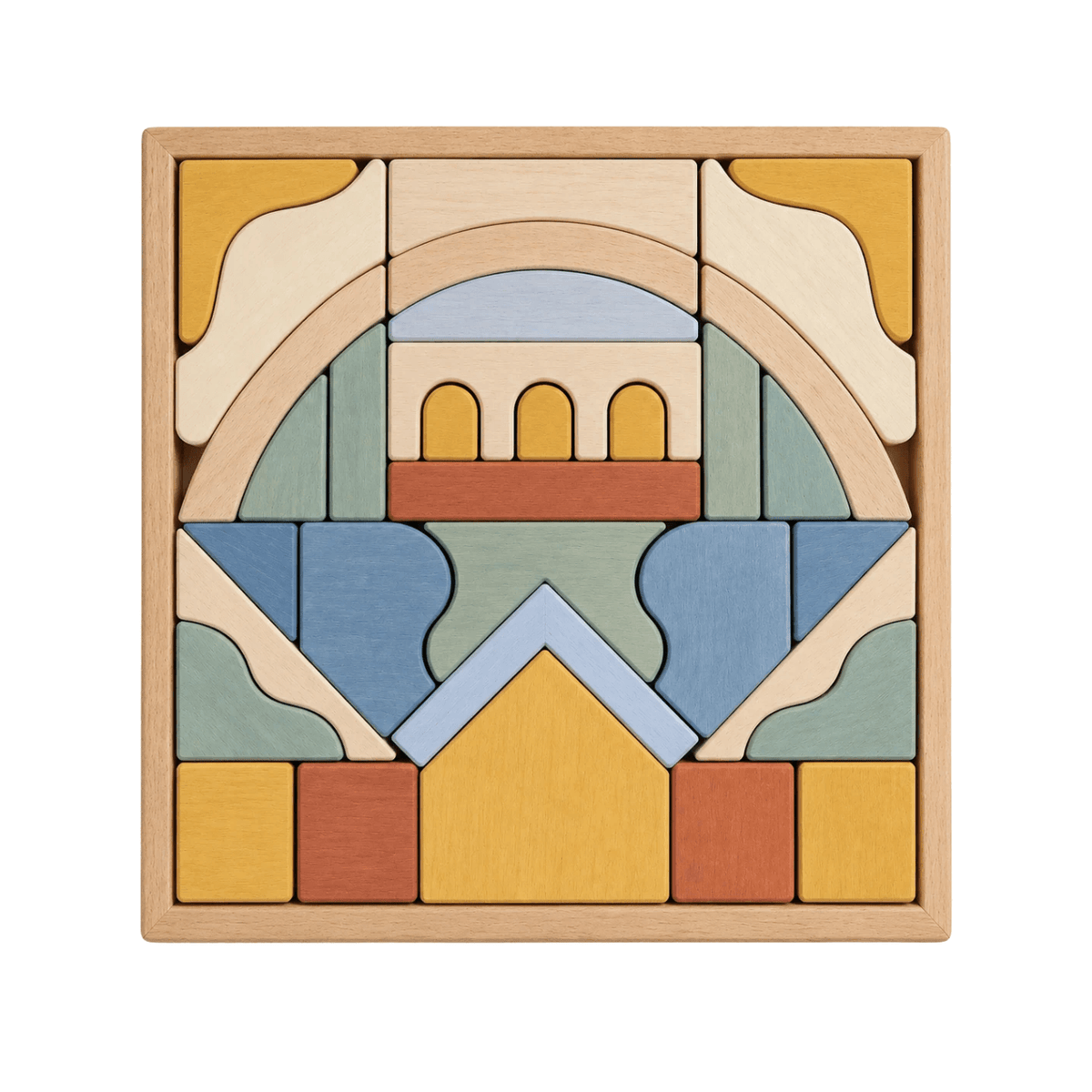 Malibu Puzzle features colorful wooden blocks arranged in a decorative pattern, showcasing creativity and playfulness.