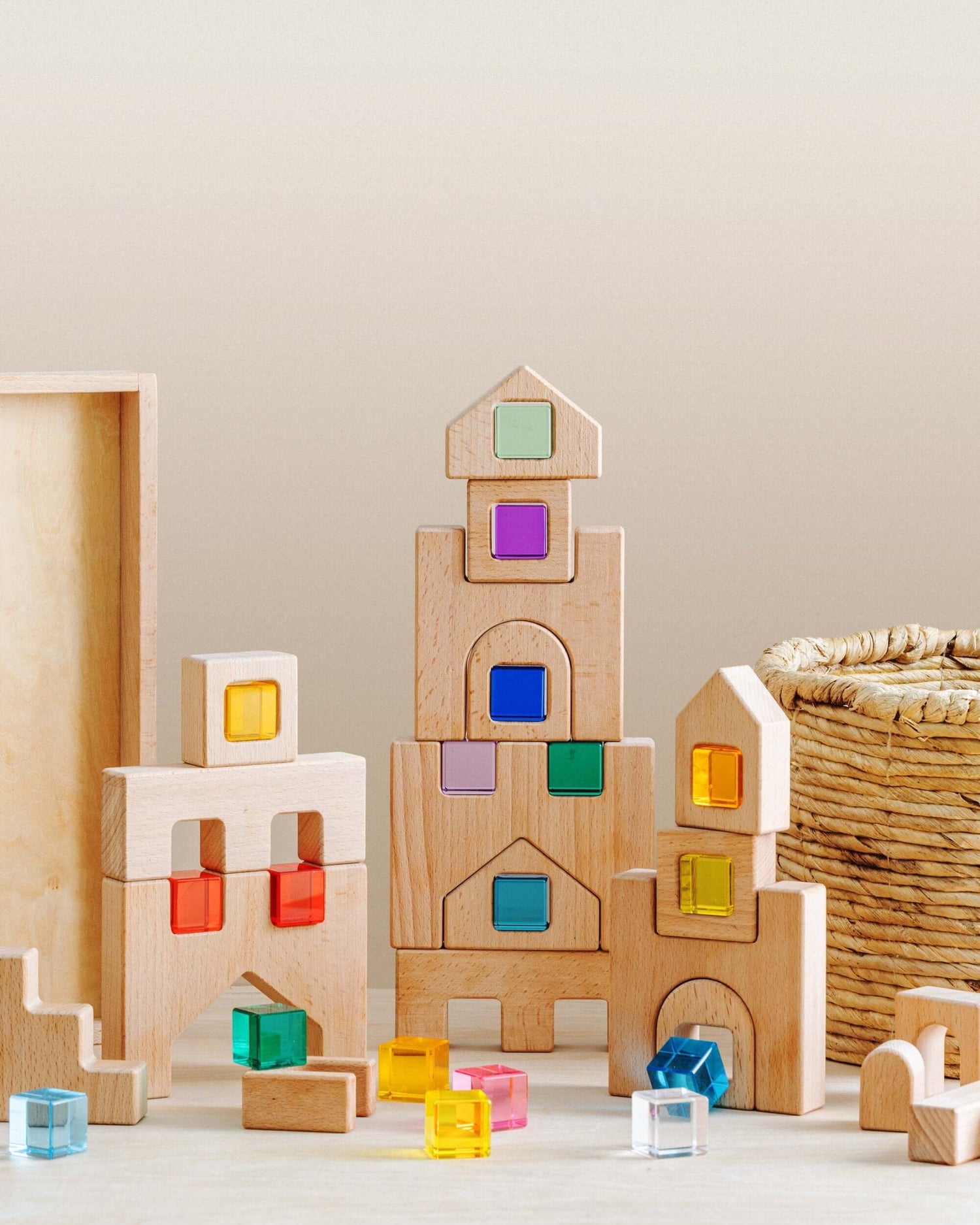 Barca Block Set beech wood building blocks with colorful translucent windows for geometric city construction and light play
