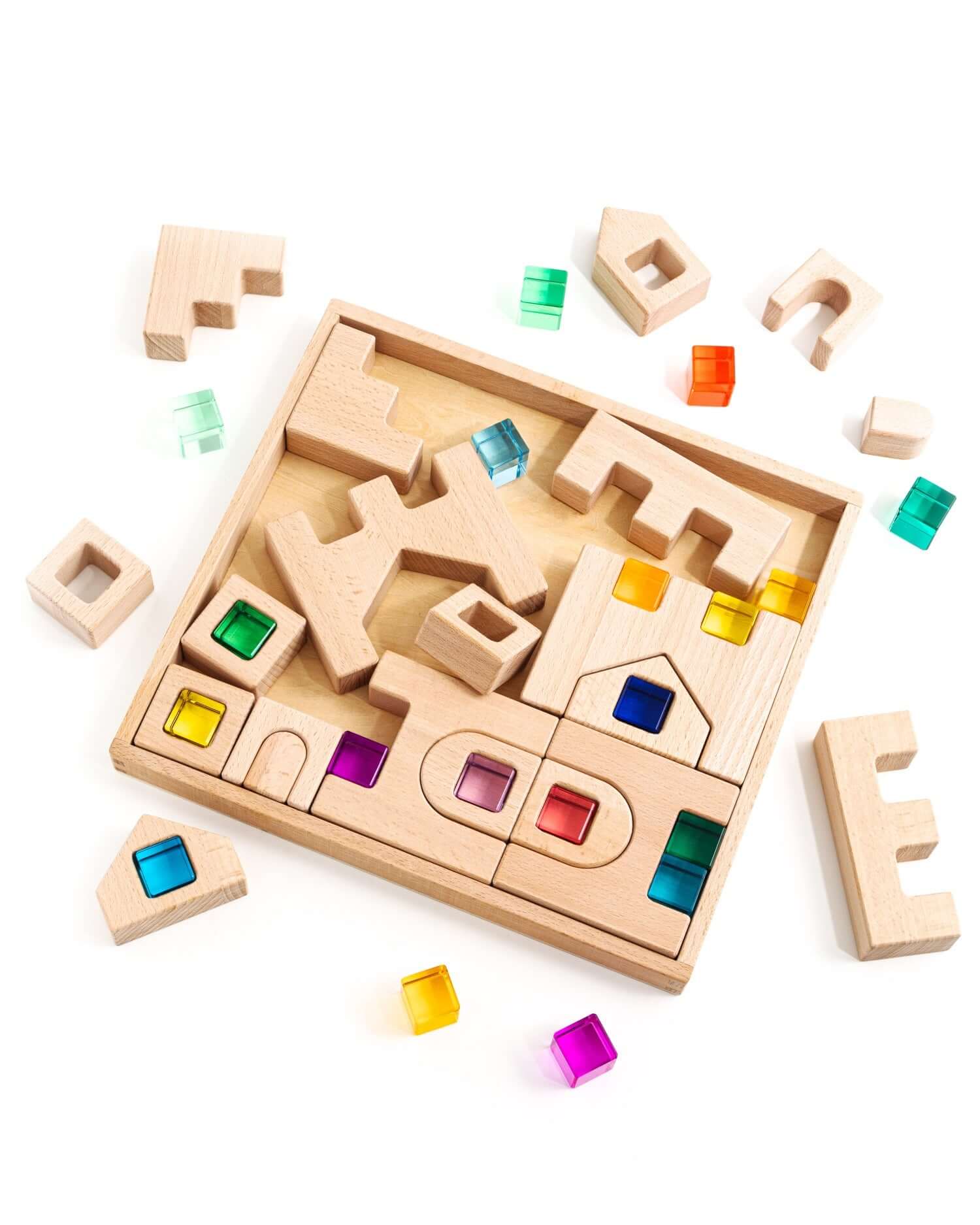 Barca Block Set beech wood building blocks with colorful translucent windows for geometric city construction and light play