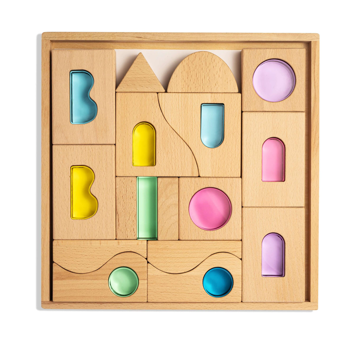 Laguna Block Set featuring natural beechwood and colorful acrylic pieces designed for imaginative play.