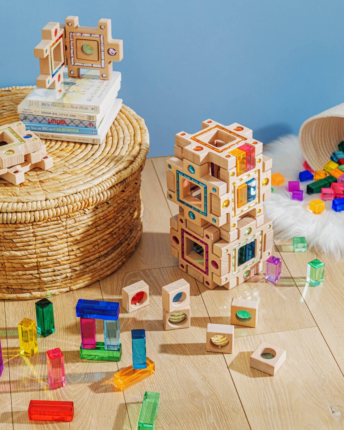 Lyla Blocks wooden gem blocks with inset acrylic gems, colorful sensory building set for open-ended play and fine motor skills