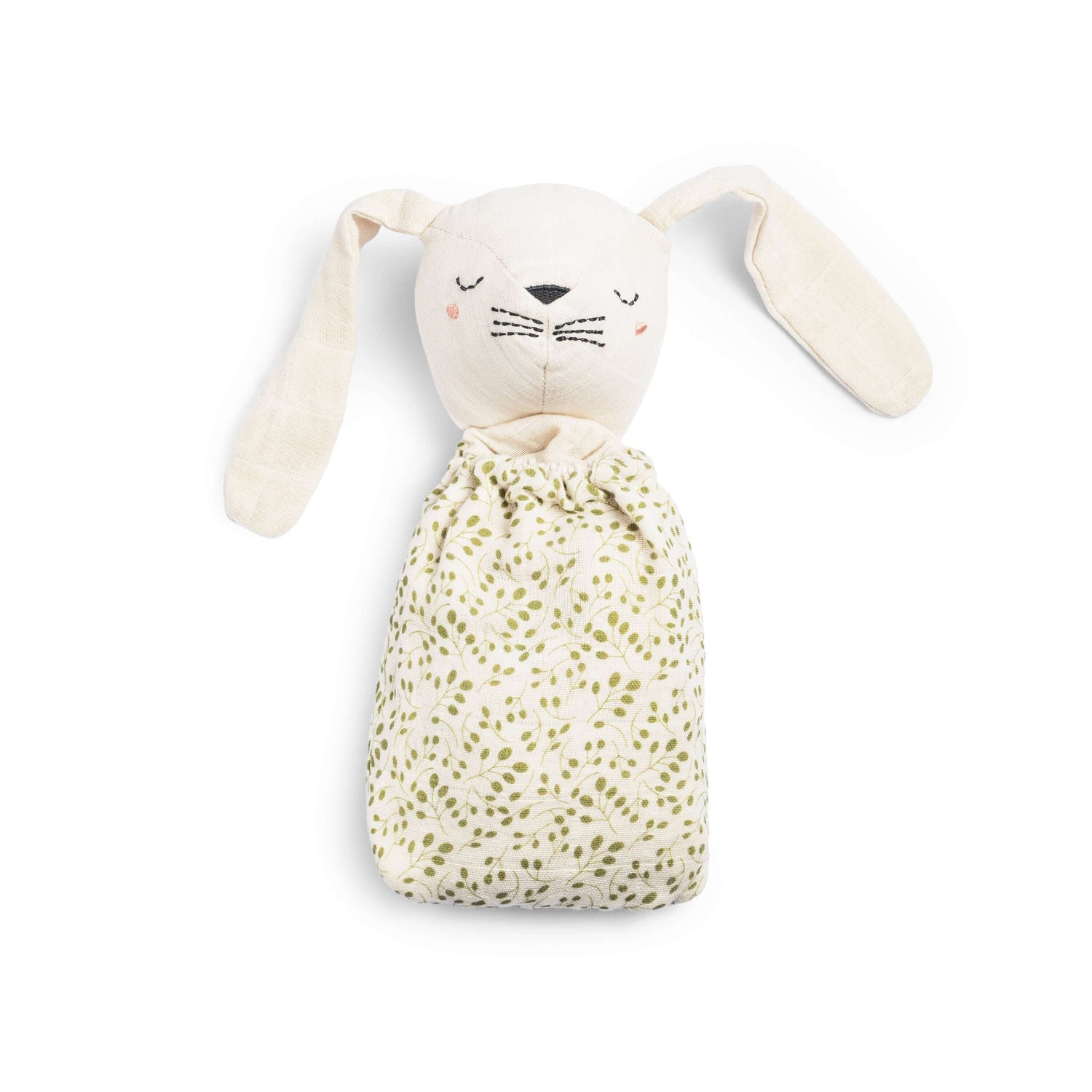 Pocket Pals organic cotton bunny comforter with fern print, perfect for adventures and as a baby shower gift.