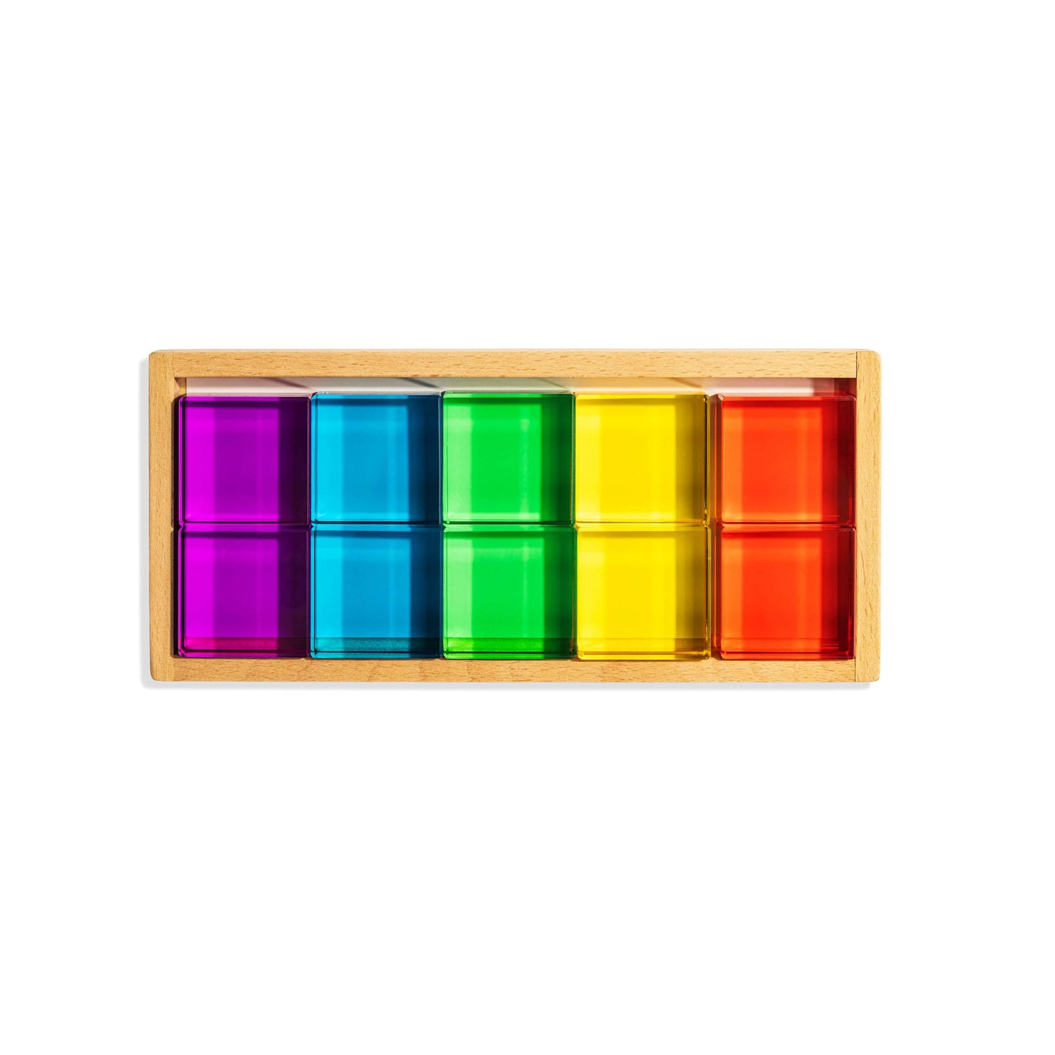 Theo Blocks set with vibrant colored acrylic squares in a wooden tray for creative play and exploration.