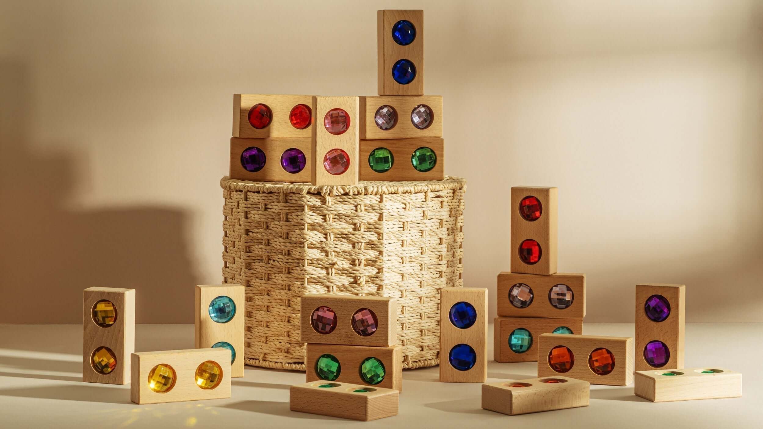 Picture of a wooden block set with colorful gems and basket for imaginative play