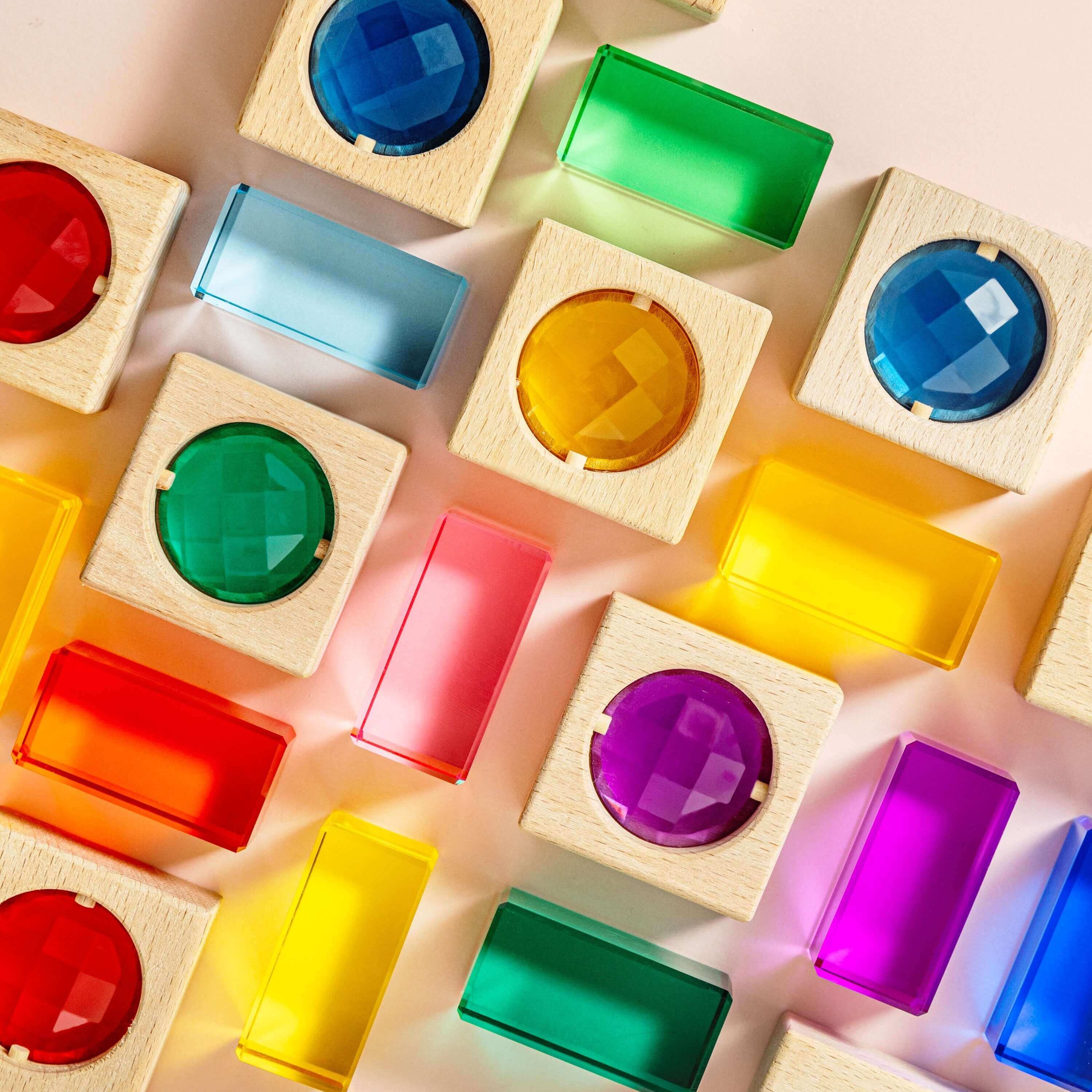 acrylic and wooden blocks set up for screen free activities for kids