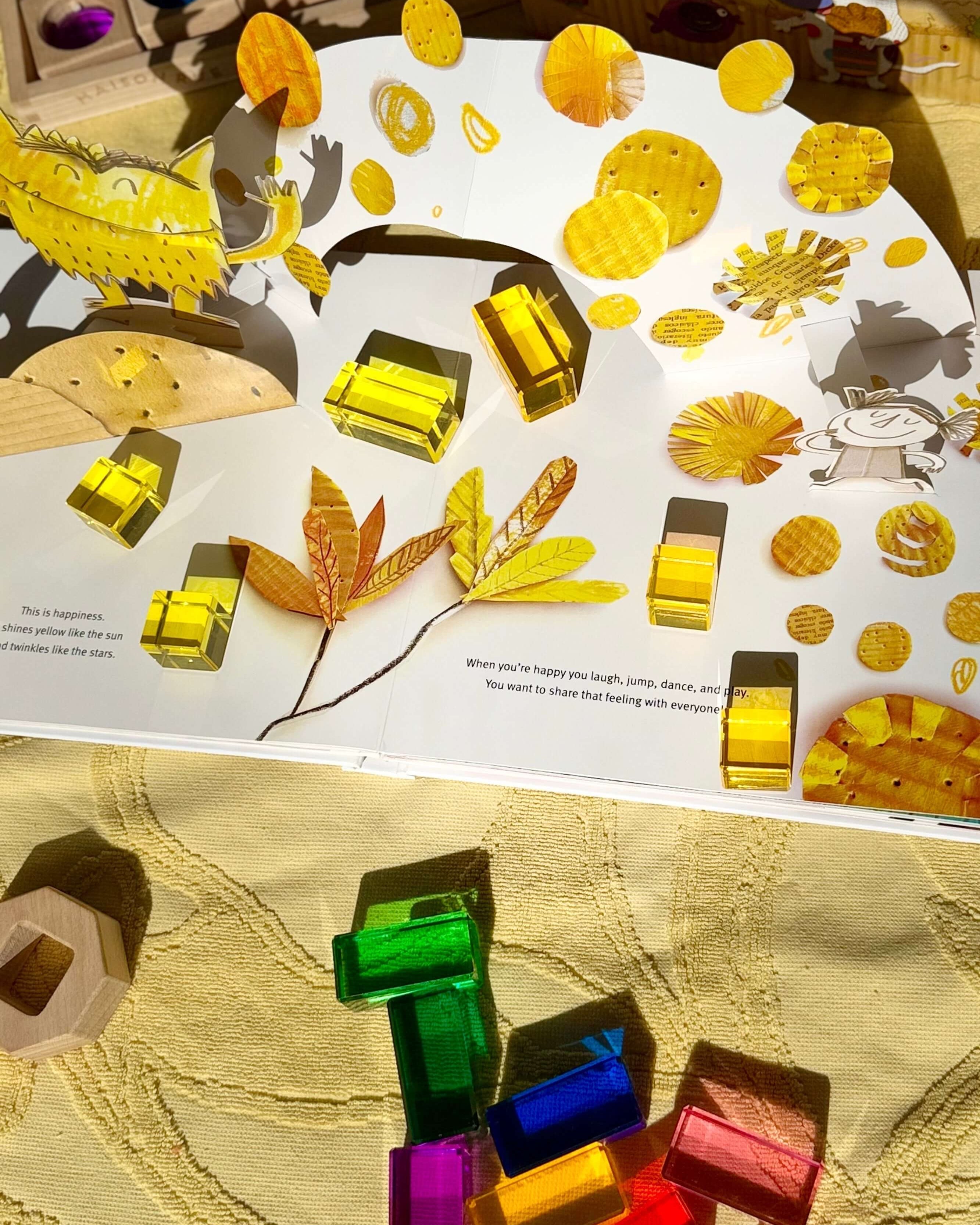 maison rue acrylic rainbow blocks set up with the color monster children's story for an educational activity