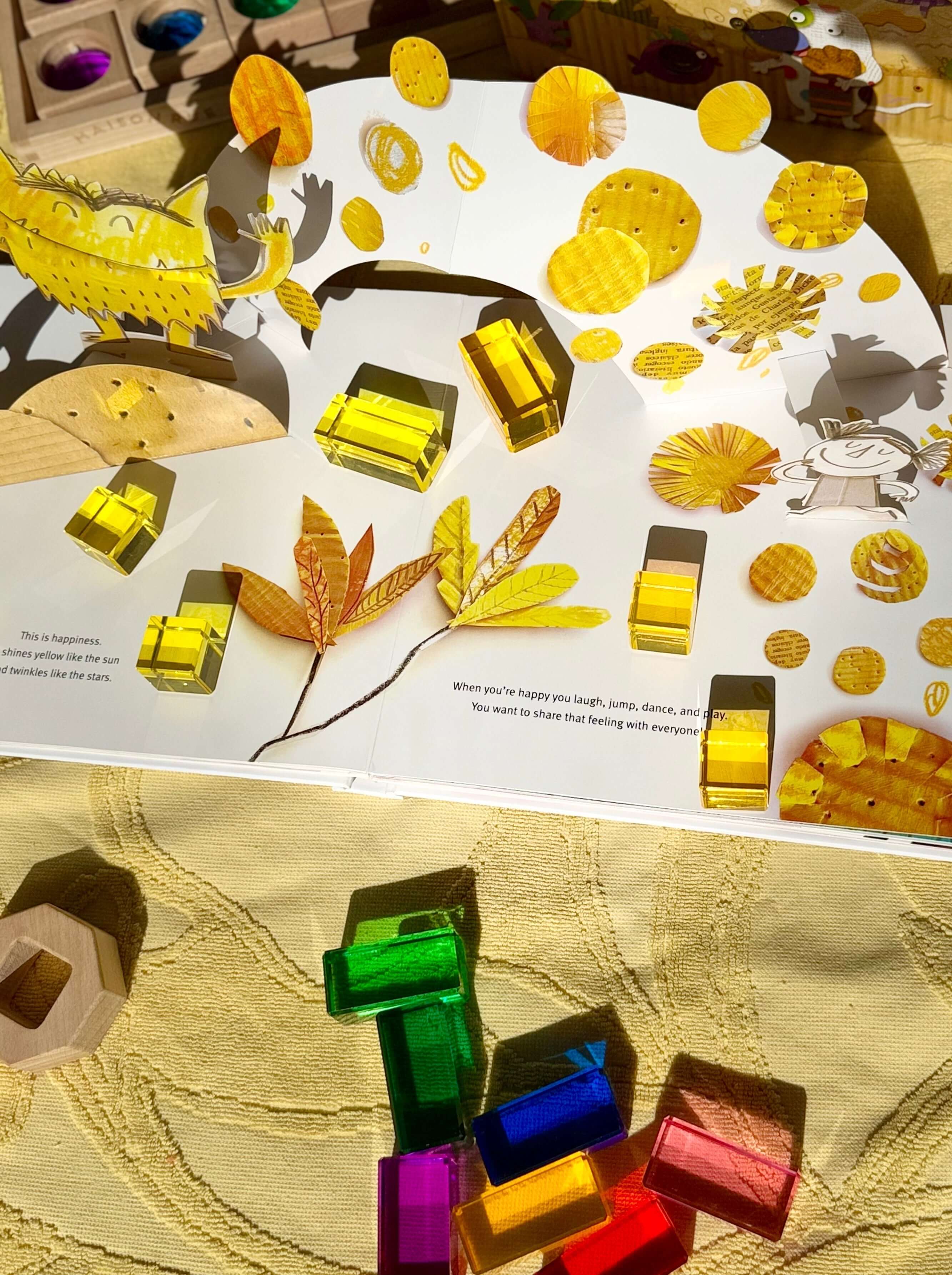 maison rue acrylic rainbow blocks set up with the color monster children's story for an educational activity