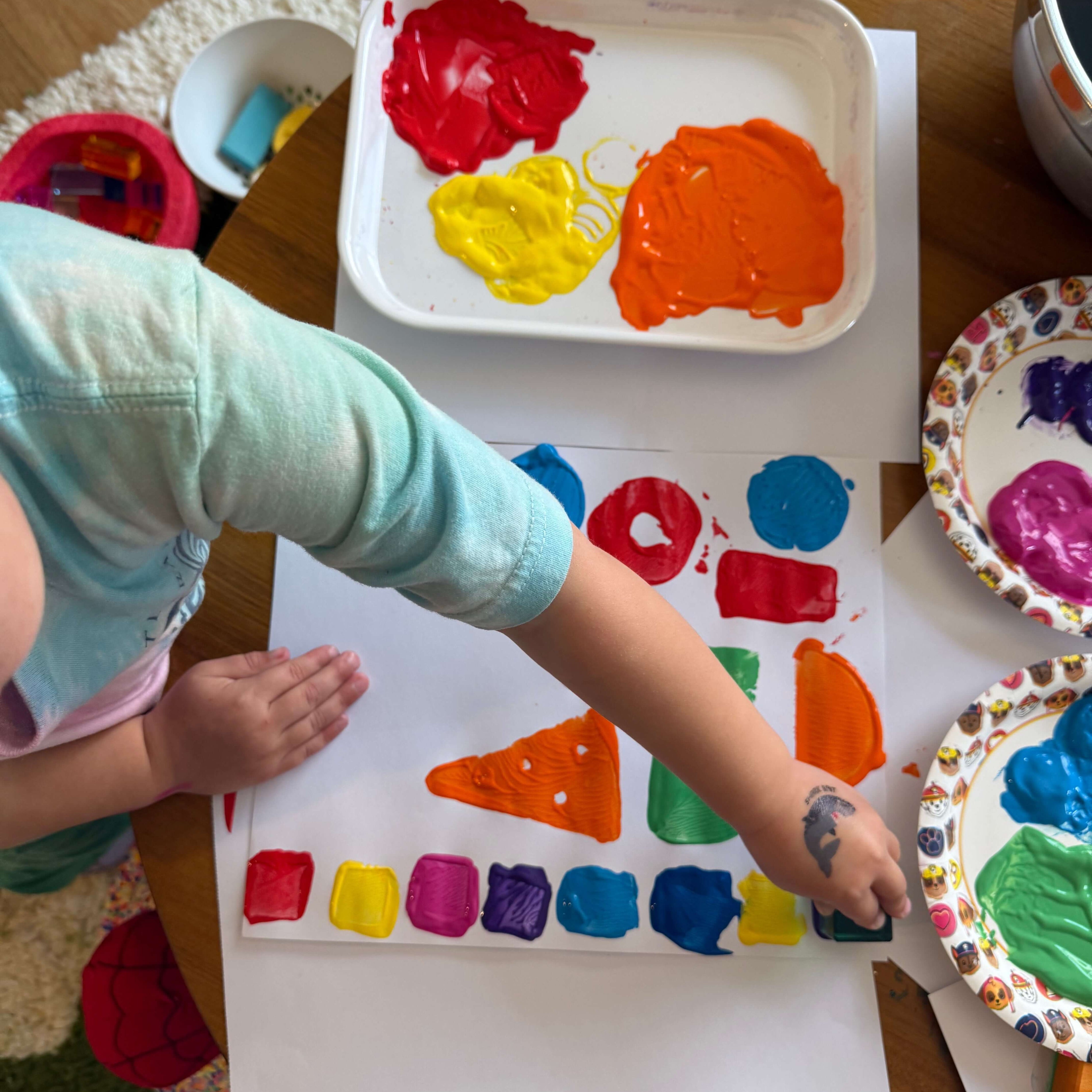 Paul Klee Inspired Art Activity with Lucite Blocks kids painting geometric cityscape with maison rue acrylic blocks 