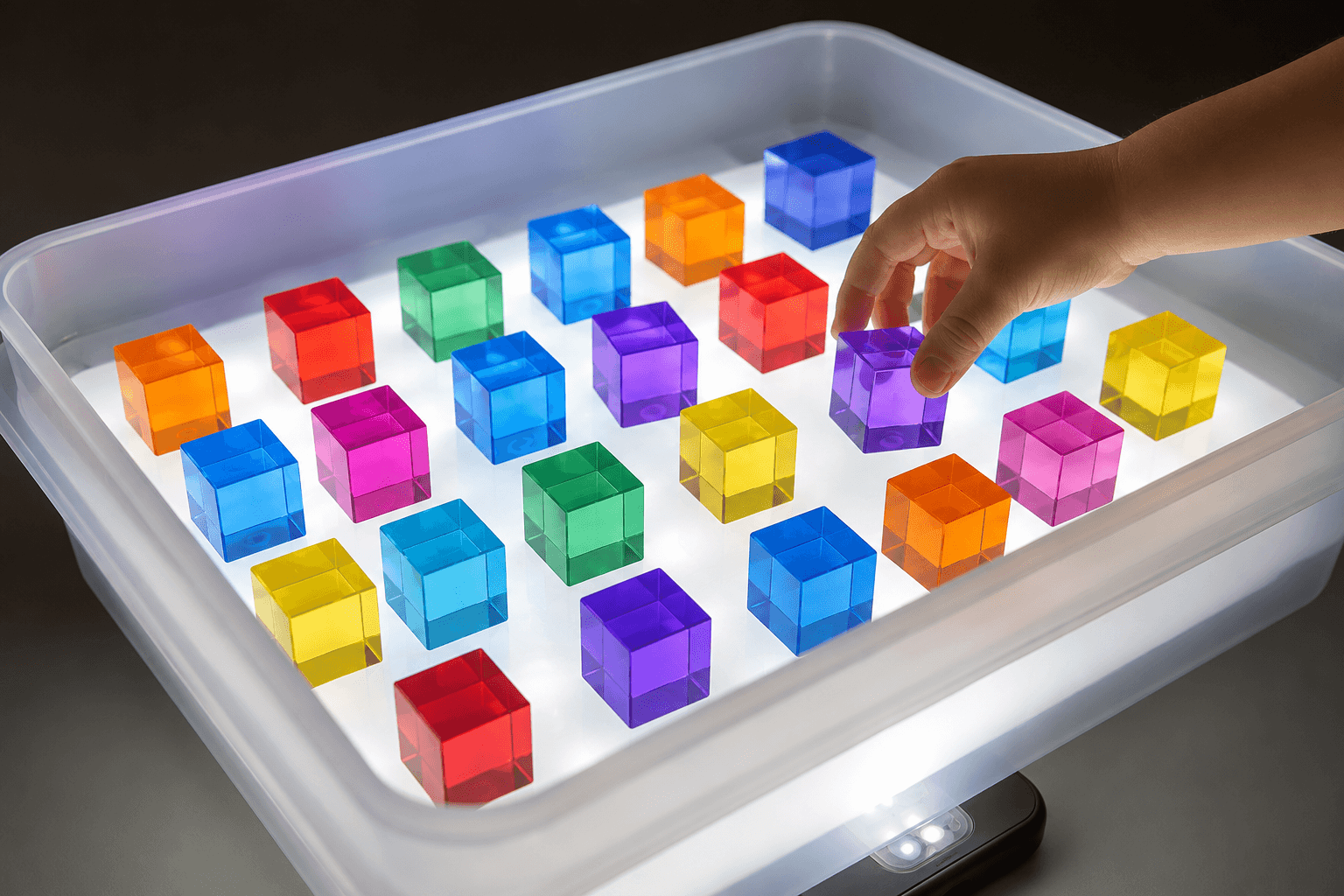 Kids playing with colored blocks on a DIY light table for kids, enhancing their creativity and learning.