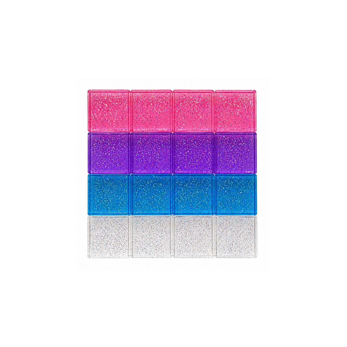 Colorful glittery square acrylic cubes in pink, purple, blue, and silver on a white background