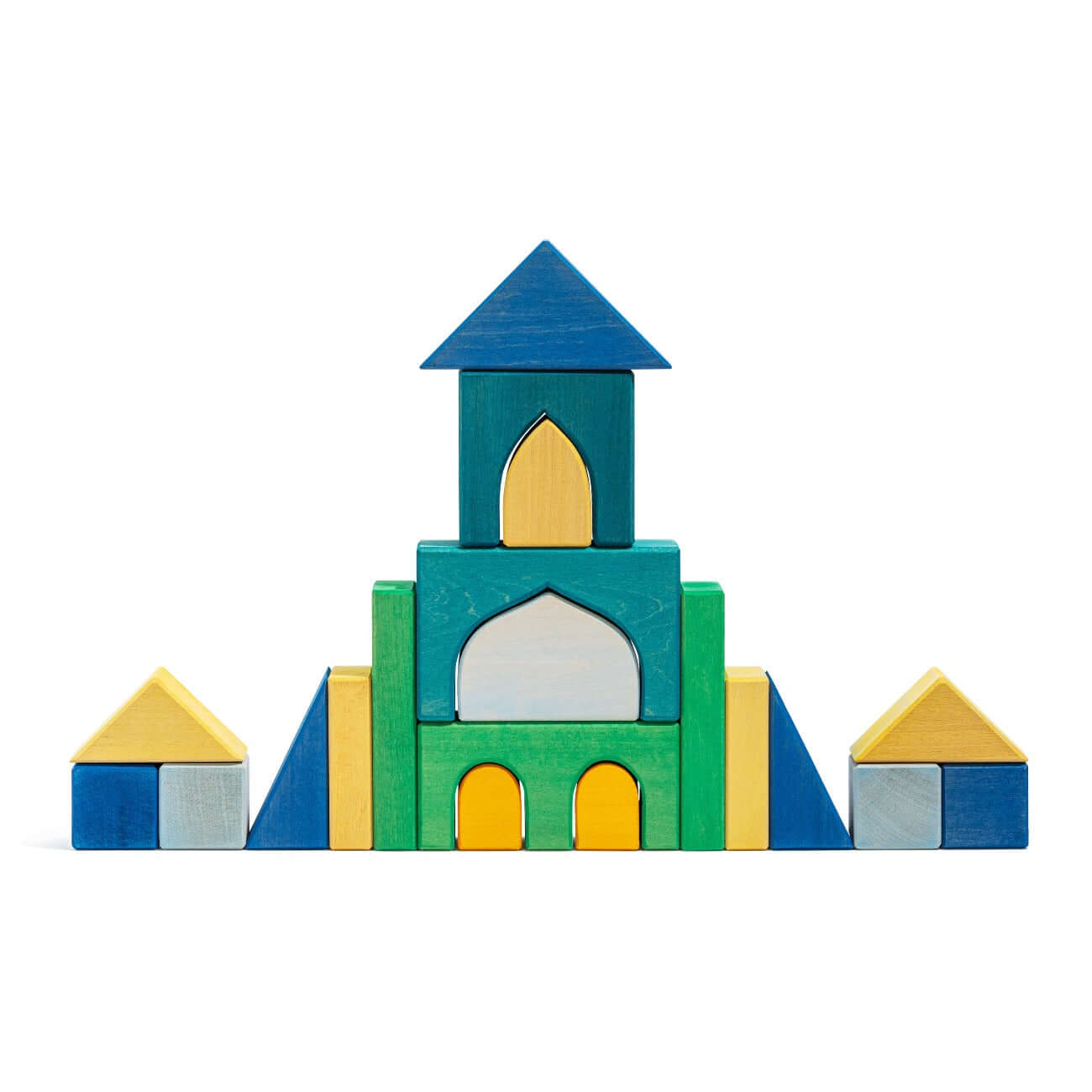 Alex Building Blocks wooden set arranged as colorful castle with arches, towers and geometric shapes, non-toxic lime wood