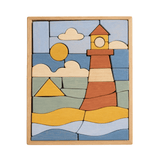 Byron lighthouse puzzle featuring colorful wooden pieces shaped as a lighthouse, sun, and waves in a coastal design.