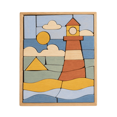 Byron lighthouse puzzle featuring colorful wooden pieces shaped as a lighthouse, sun, and waves in a coastal design.