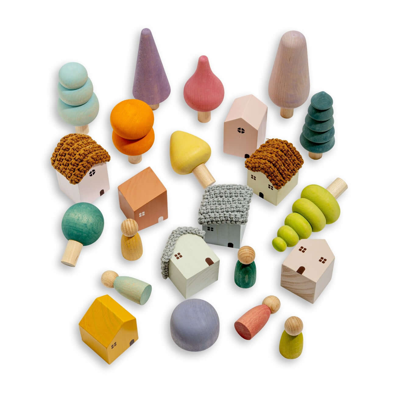 Bergen Building Blocks wooden city set with pastel trees, houses and peg people for imaginative play ages 3+