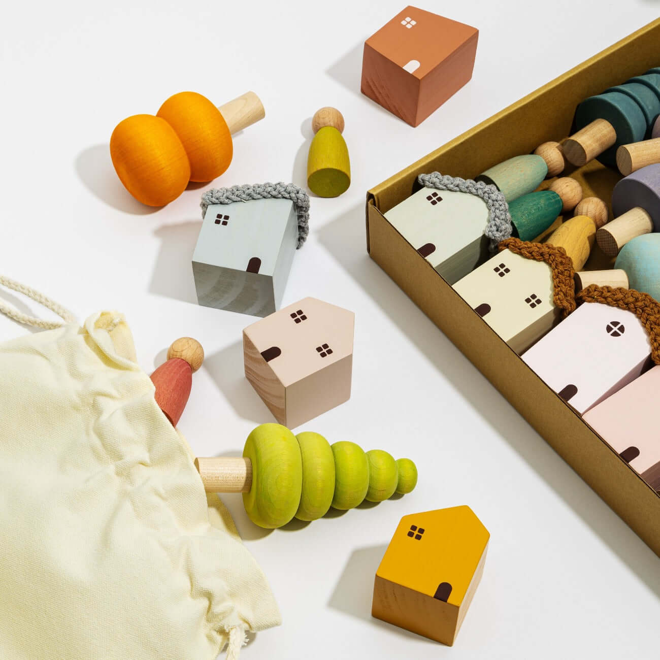Bergen Building Blocks wooden pastel houses, trees and friends in box set for kids age 3+ creative play