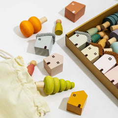 Bergen Building Blocks wooden pastel houses, trees and friends in box set for kids age 3+ creative play