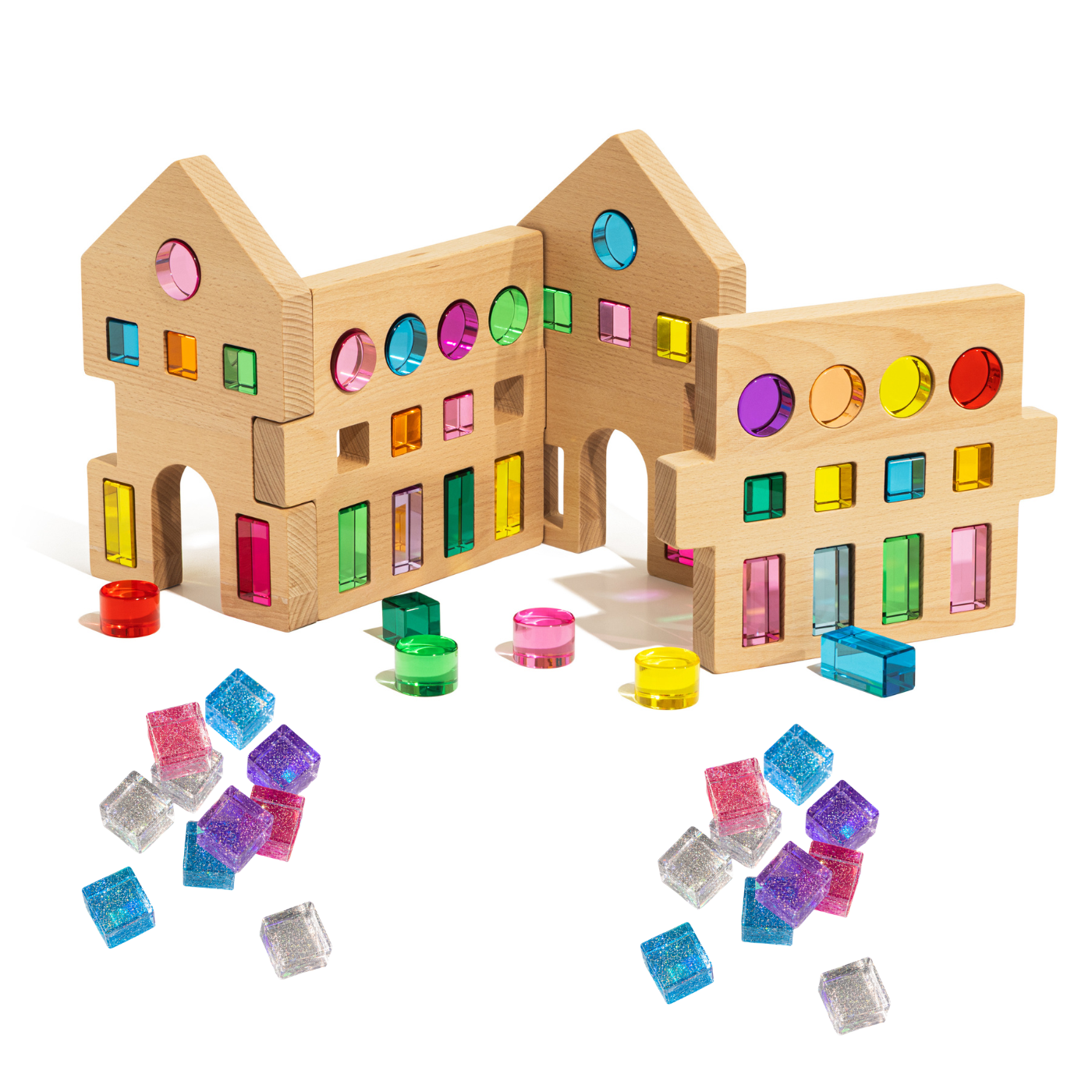 Creative Builder Set with colorful wooden houses and sparkling building blocks for imaginative play.