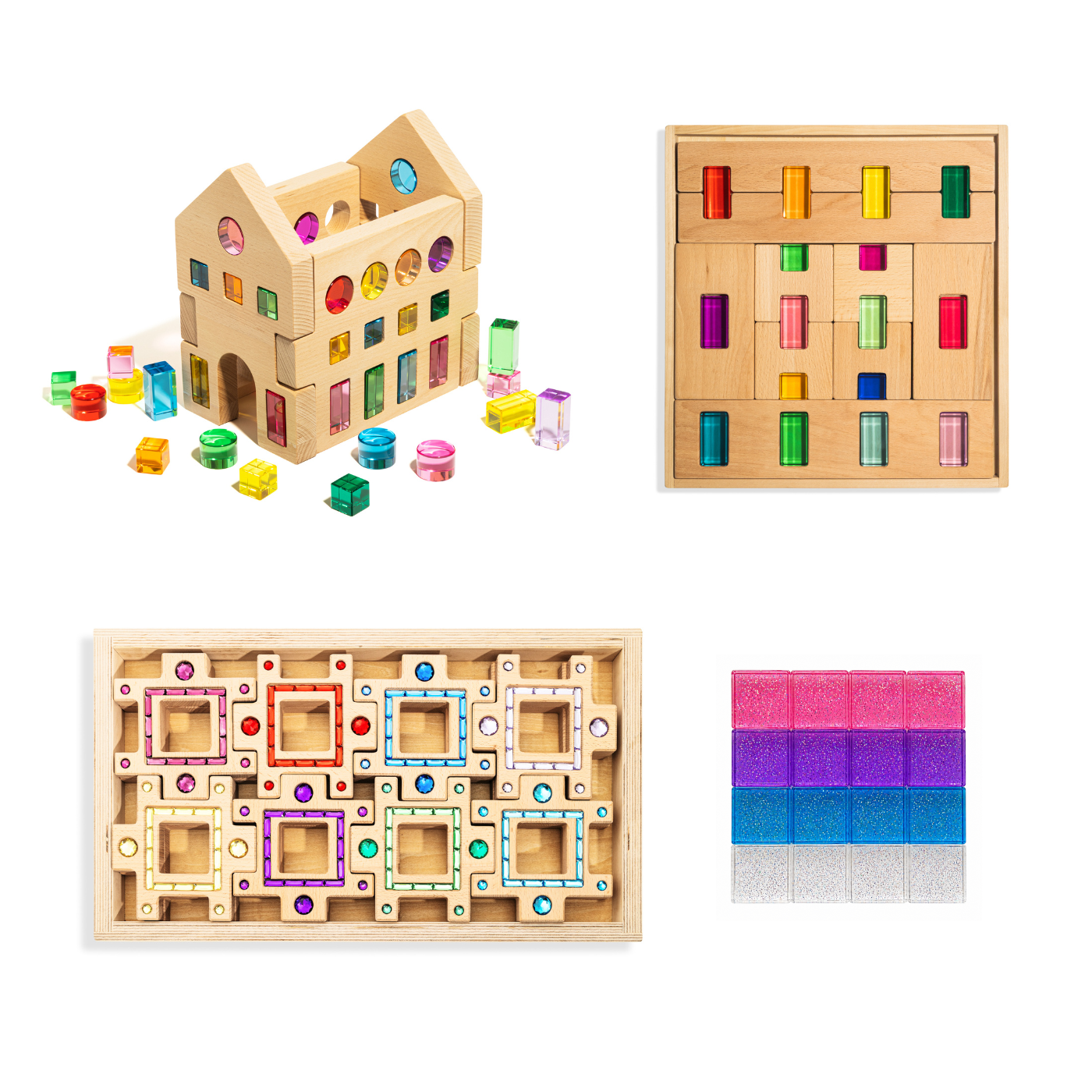 Colorful wooden building blocks and shapes from the grand building collection set for creative play.