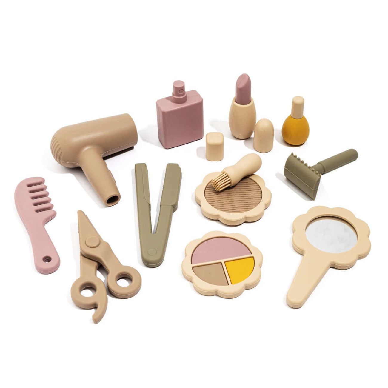 Drew Beauty Playset food-grade silicone pretend makeup and hair tools in muted Maison Rue tones for imaginative role play