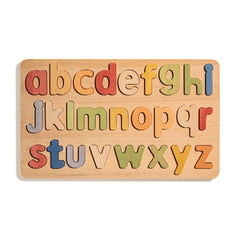 Lowercase alphabet puzzle featuring colorful wooden letters a to z for early literacy development.