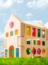 Colorful wooden building from the grand building collection set against a blue sky, promoting imaginative play.