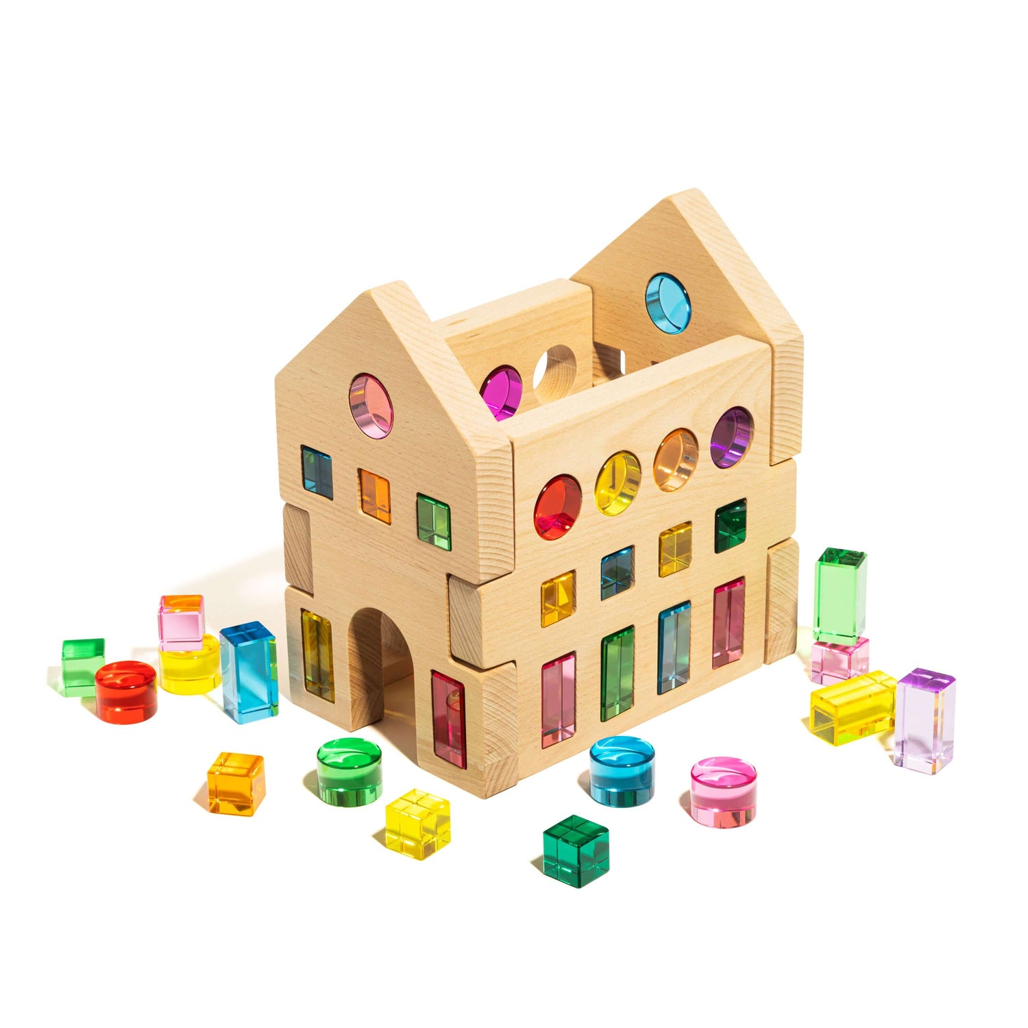Rêve House Set modular wooden building set displayed with colorful geometric blocks around it.