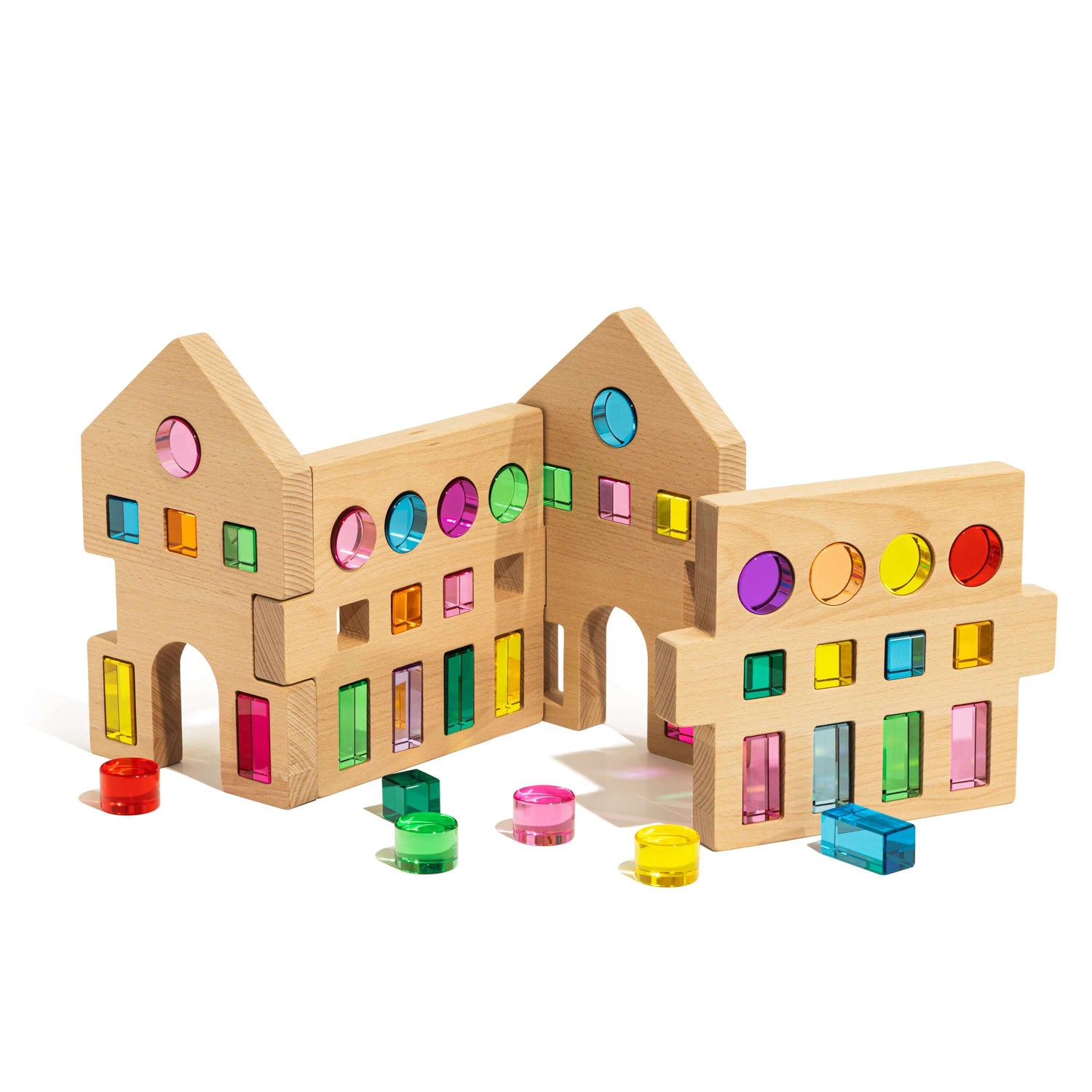 Colorful Rêve House Set modular wooden building set with transparent panels for creative play.
