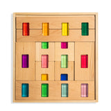 Fynn Set wooden building panels featuring various colored acrylic window inserts for creative play.