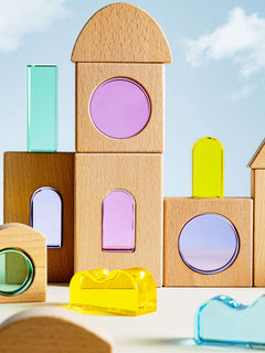 Laguna Block Set featuring natural beechwood and colorful acrylic pieces for imaginative play.