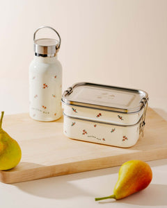 Luna Lunchbox stainless steel bento box with pear print, 3-section eco-friendly lunch container with leak-proof compartments