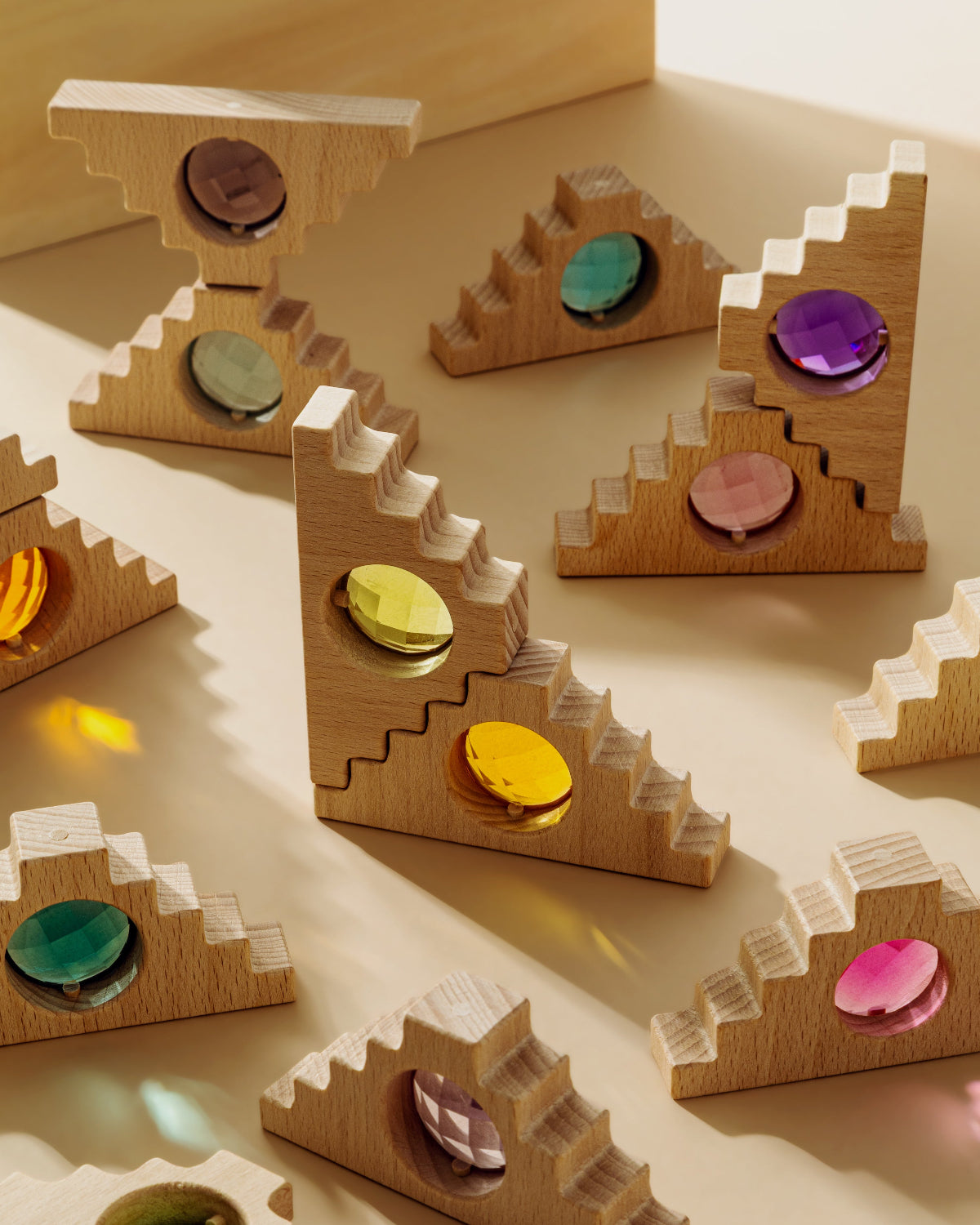 Stackable wooden blocks with colorful acrylic gems for kids