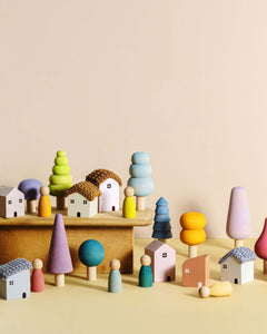 Bergen Building Blocks wooden city playset with pastel trees, adorable houses and wooden friends for imaginative play ages 3+