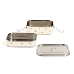 Alt Tag: Luna Lunchbox stainless steel bento box with 3-section trays, leak-proof compartments, removable divider, Pomme print