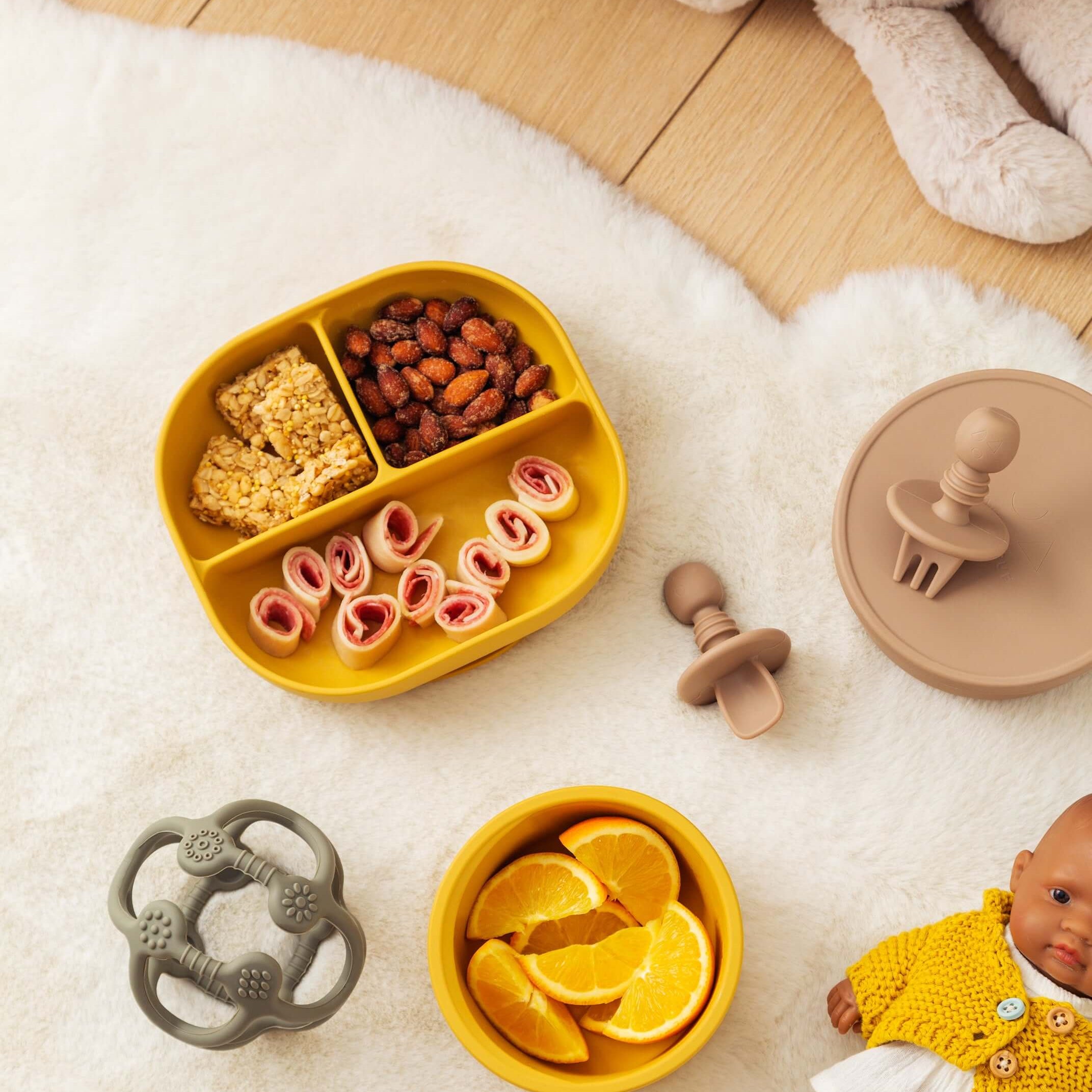 Poppy Plate square suction silicone toddler plate with 3 deep sections, spill-proof, dishwasher and microwave safe, food-grade silicone