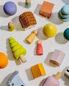 Bergen Building Blocks pastel wooden houses, trees and peg dolls building set for kids ages 3+ imaginative play