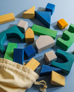 Alex Building Blocks wooden set with colorful arches, tunnels, walls and cubes in drawstring bag, non-toxic lime wood kids toy