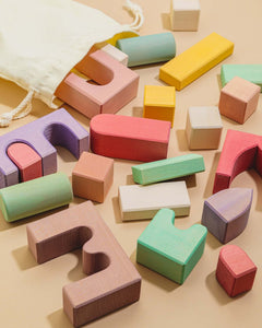 Alt Tag: Karen Building Blocks modern lime wood set with 21 colorful pieces—arches, tunnels, pillars and walls for imaginative kids building