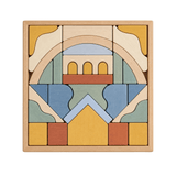 Malibu Puzzle features colorful wooden blocks arranged in a decorative pattern, showcasing creativity and playfulness.