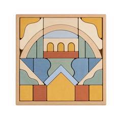 Malibu Puzzle features colorful wooden blocks arranged in a decorative pattern, showcasing creativity and playfulness.